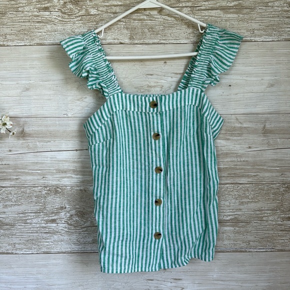 J. Crew Factory Tops - J.Crew Factory Green and white Striped Ruffle Sleeve Tank linen blend Top Sz XSP